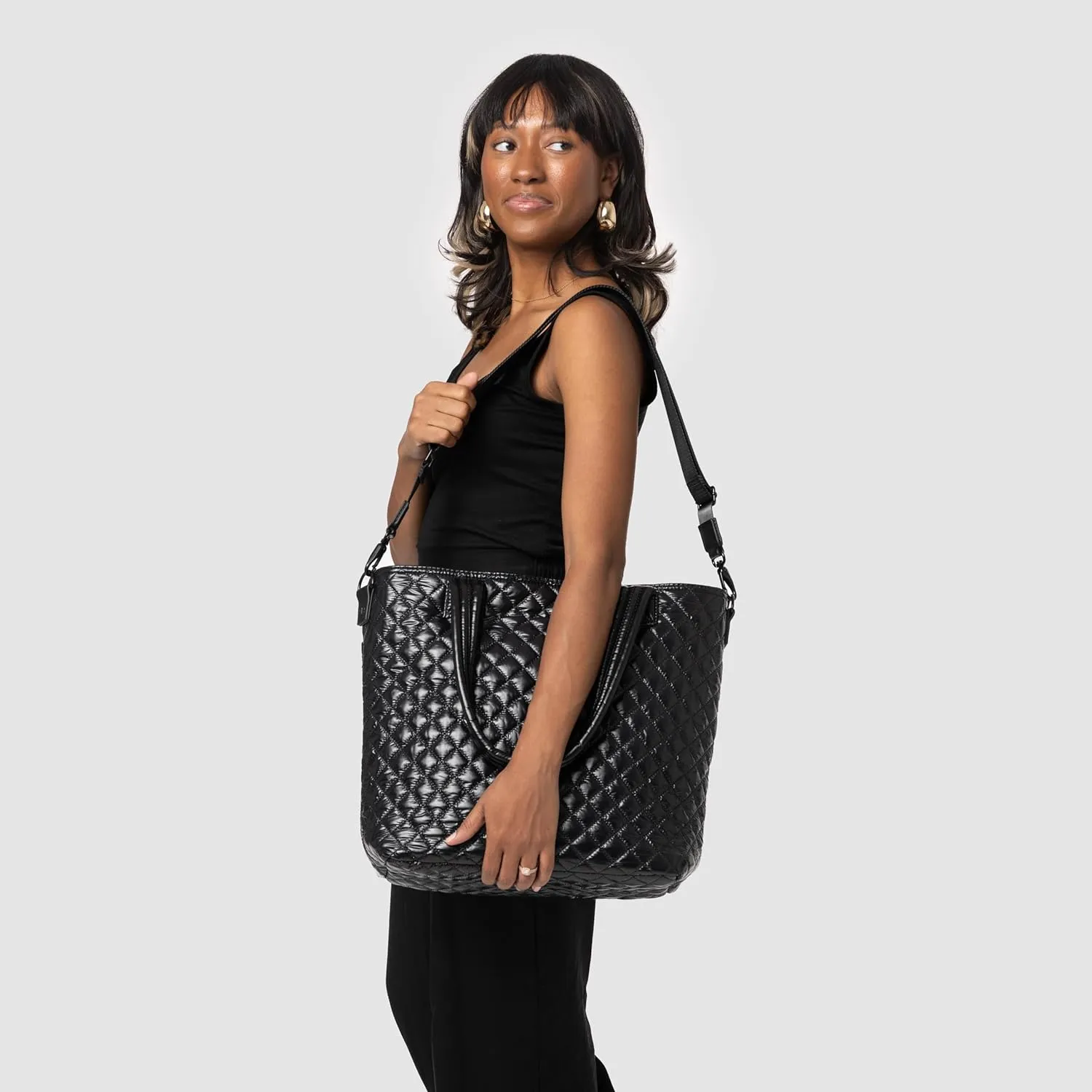 Simple Modern Quilted Tote Bag for Women | Medium Size w/Compartments & Laptop Sleeve | Adjustable Strap | Zipper Top