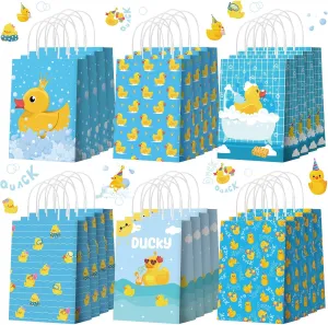 Sinload 24pcs Yellow Duck Paper Bags with Handles Rubber Duckies Treat Gift Bags Candy Goodie Party Favor Tote Boxes for Baby Shower Birthday Duck Blue Party Supplies