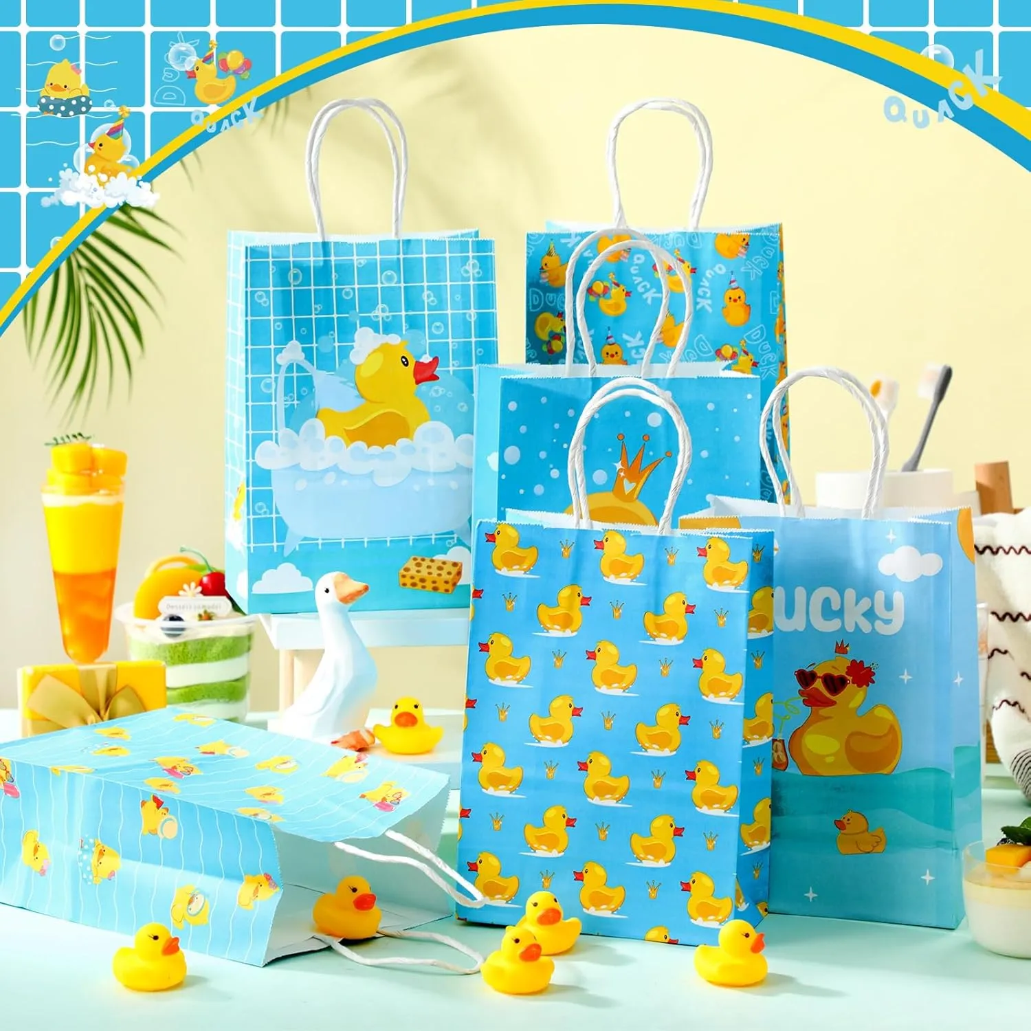 Sinload 24pcs Yellow Duck Paper Bags with Handles Rubber Duckies Treat Gift Bags Candy Goodie Party Favor Tote Boxes for Baby Shower Birthday Duck Blue Party Supplies