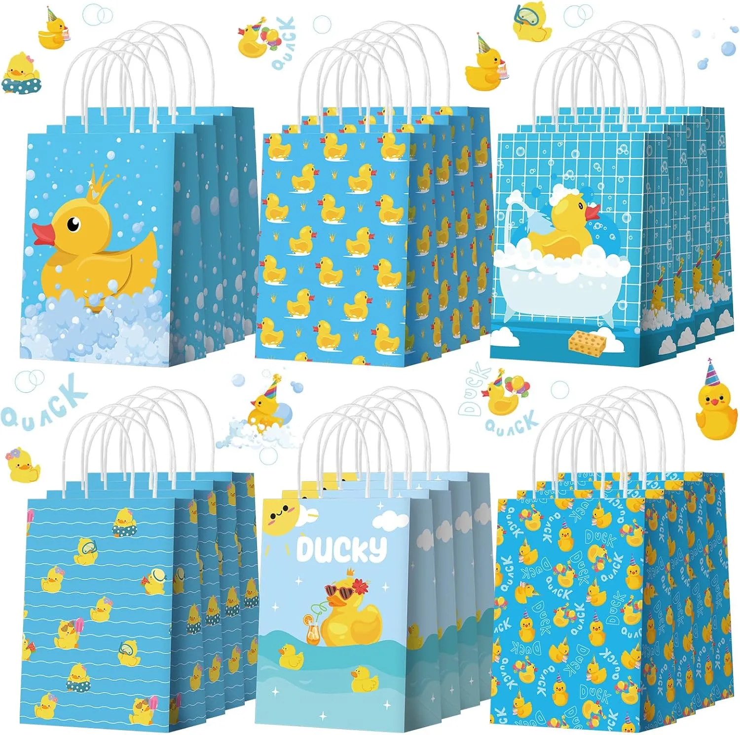 Sinload 24pcs Yellow Duck Paper Bags with Handles Rubber Duckies Treat Gift Bags Candy Goodie Party Favor Tote Boxes for Baby Shower Birthday Duck Blue Party Supplies