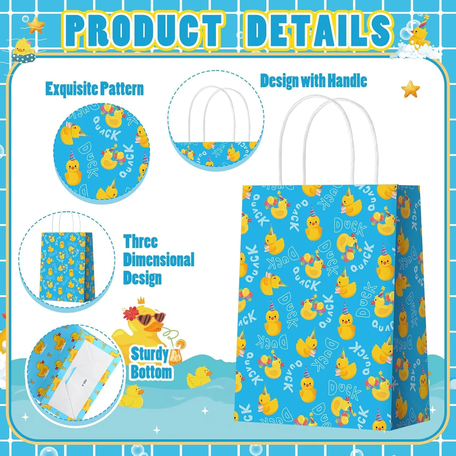 Sinload 24pcs Yellow Duck Paper Bags with Handles Rubber Duckies Treat Gift Bags Candy Goodie Party Favor Tote Boxes for Baby Shower Birthday Duck Blue Party Supplies