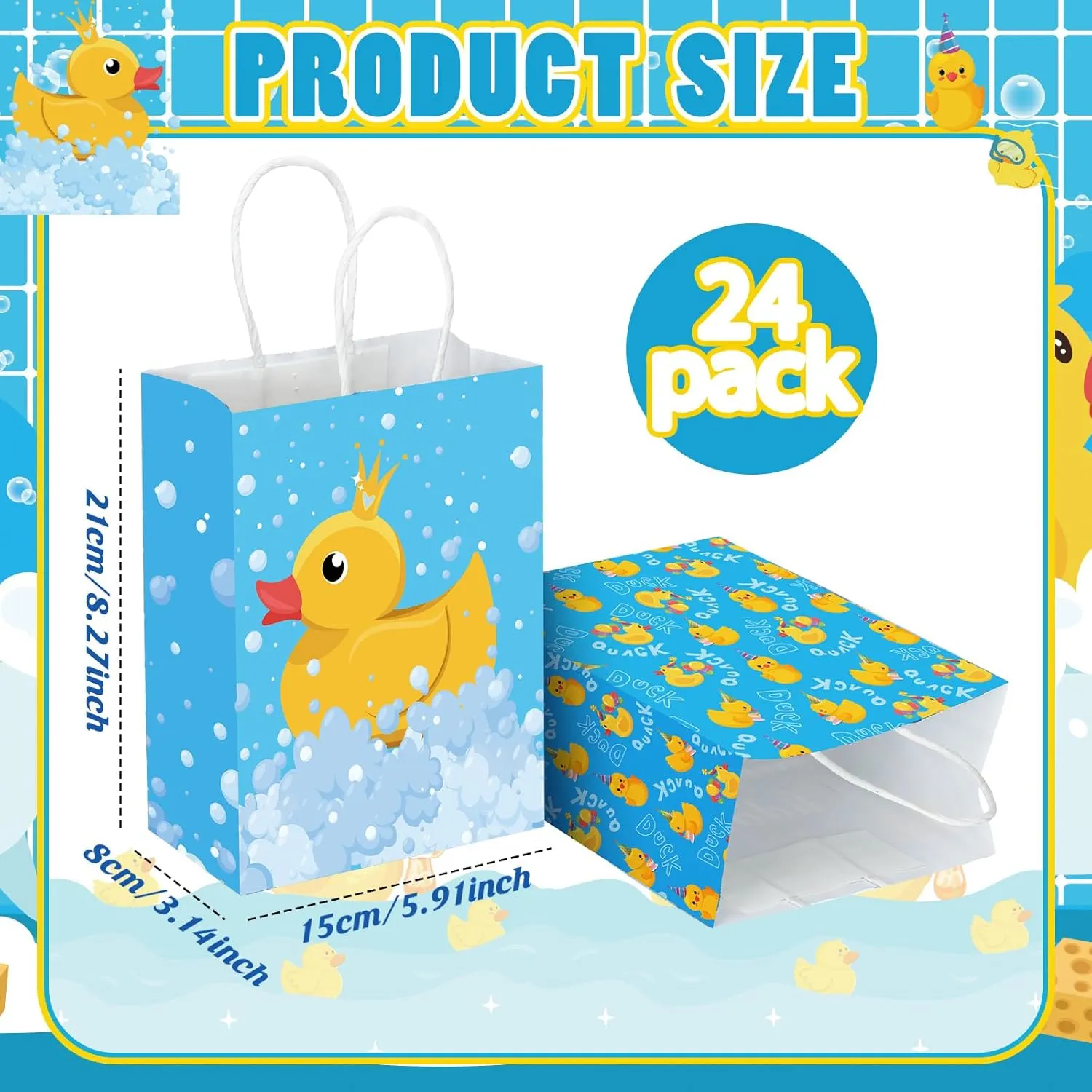 Sinload 24pcs Yellow Duck Paper Bags with Handles Rubber Duckies Treat Gift Bags Candy Goodie Party Favor Tote Boxes for Baby Shower Birthday Duck Blue Party Supplies