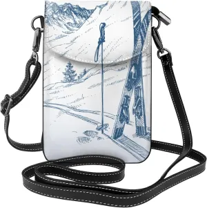 Sketchy Graphic Of A Downhill With Ski Women Cell Phone Purse Small Crossbody Bag Leather Shoulder Bag Card Holder Wallet