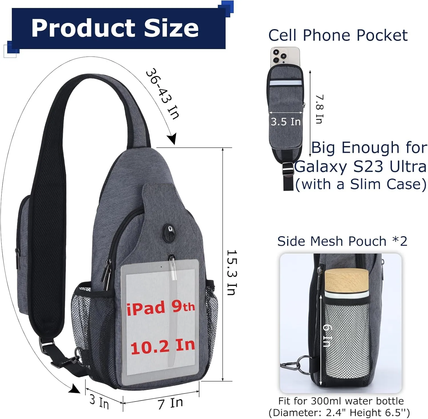 Sling Backpack, Crossbody Bag Large Sling Bag RFID with Water Bottle Holder Phone Holder Travelling Hiking Daypack