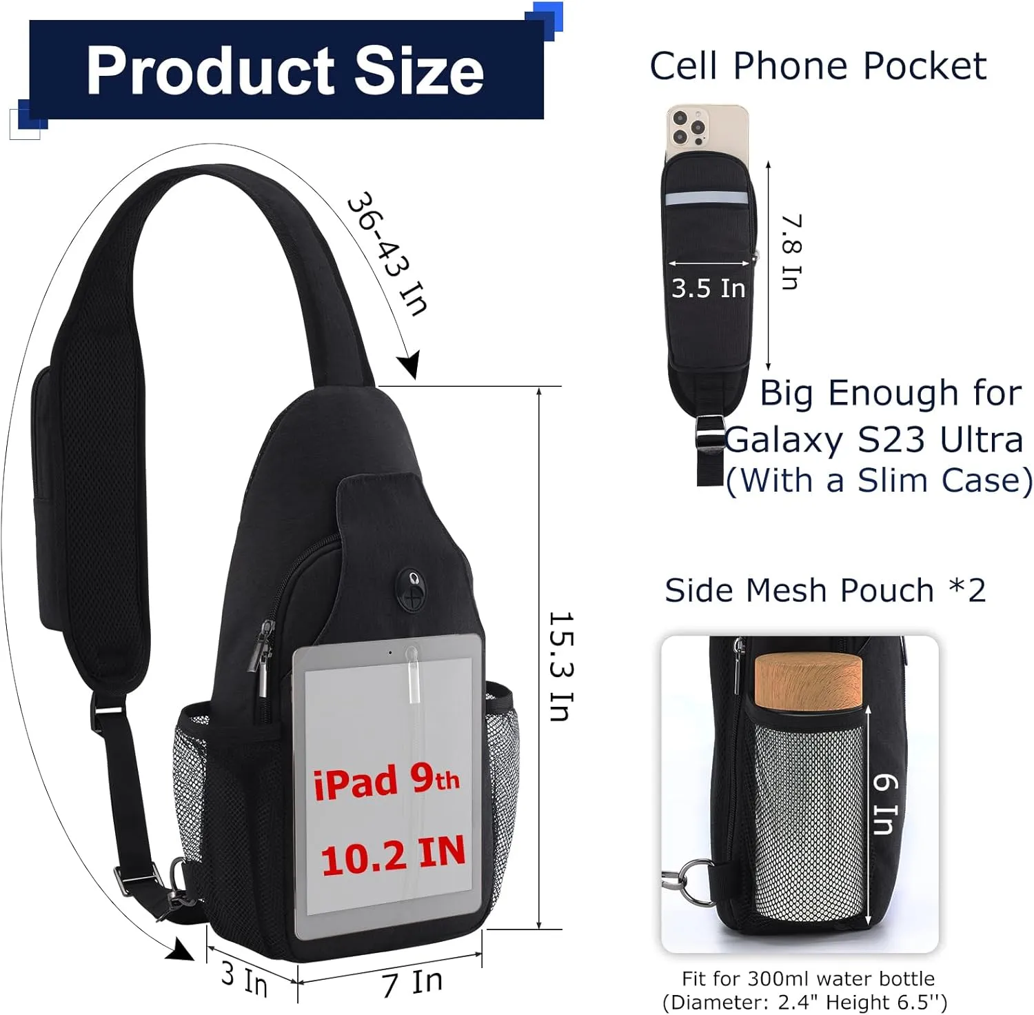 Sling Backpack, Crossbody Bag Large Sling Bag RFID with Water Bottle Holder Phone Holder Travelling Hiking Daypack