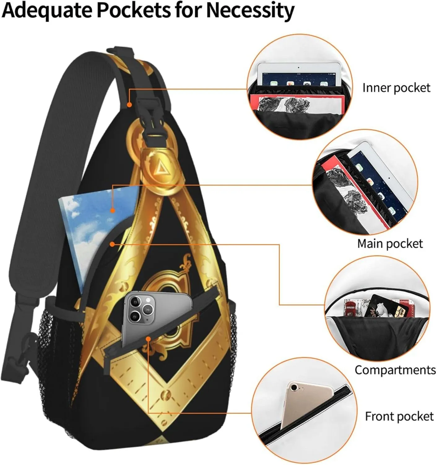Sling Bag for Men Women, Comfortable Crossbody Backpack Compatible with Gold Freemason Freemasonry Masonic, Anti-Theft Sling Shoulder Chest Bag Daypack, Fashion Travel Gym Sack Rucksack
