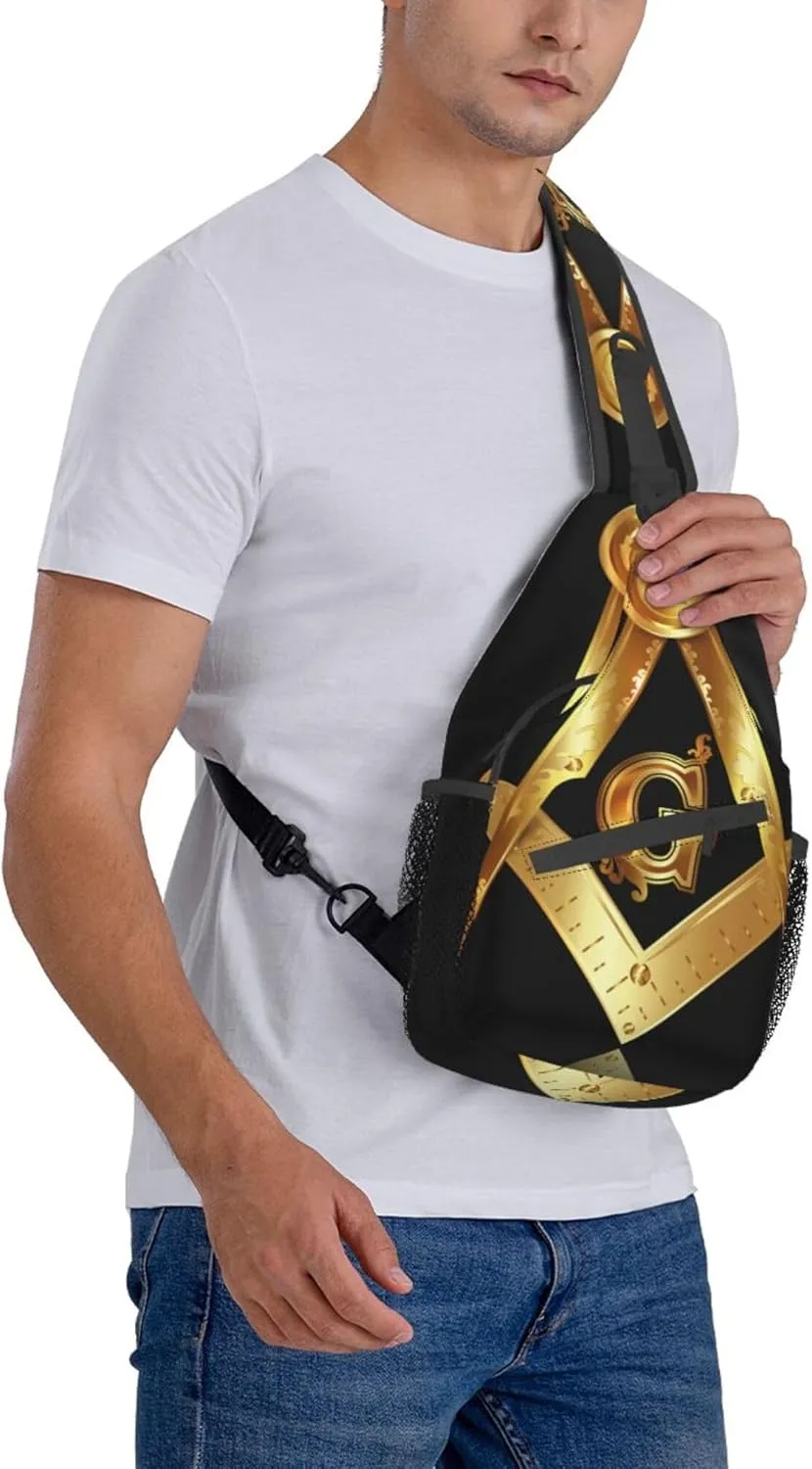 Sling Bag for Men Women, Comfortable Crossbody Backpack Compatible with Gold Freemason Freemasonry Masonic, Anti-Theft Sling Shoulder Chest Bag Daypack, Fashion Travel Gym Sack Rucksack