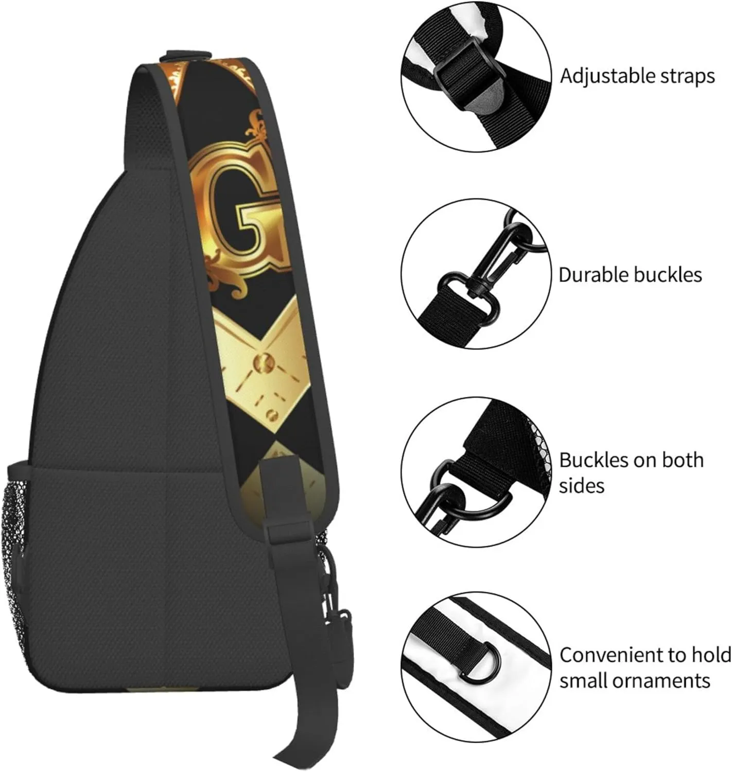 Sling Bag for Men Women, Comfortable Crossbody Backpack Compatible with Gold Freemason Freemasonry Masonic, Anti-Theft Sling Shoulder Chest Bag Daypack, Fashion Travel Gym Sack Rucksack