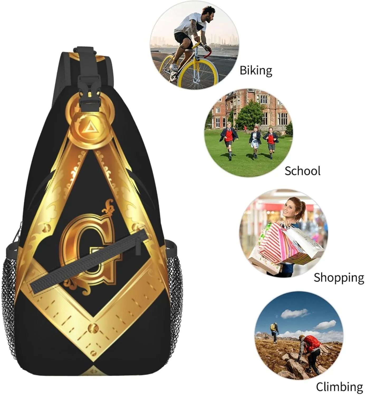Sling Bag for Men Women, Comfortable Crossbody Backpack Compatible with Gold Freemason Freemasonry Masonic, Anti-Theft Sling Shoulder Chest Bag Daypack, Fashion Travel Gym Sack Rucksack