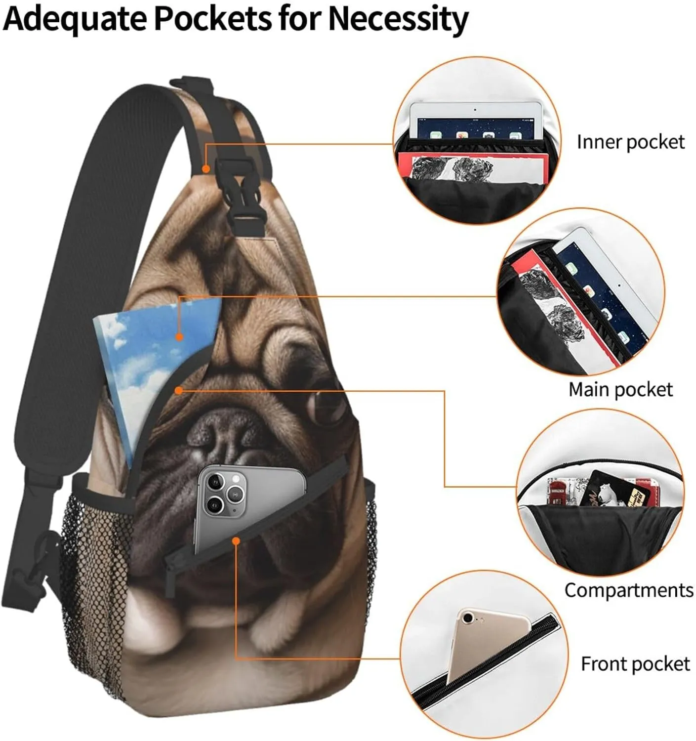 Sling Bag for Women Men Crossbody Bag Small Sling Backpack Animal Pug Dog Chest Bag Hiking Daypack