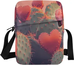 Sling Bag Heart Cactus Print for Women Men, Small Crossbody Bags Purse with Phone Card Passport Compartment 6.6×9.4×2.5 IN