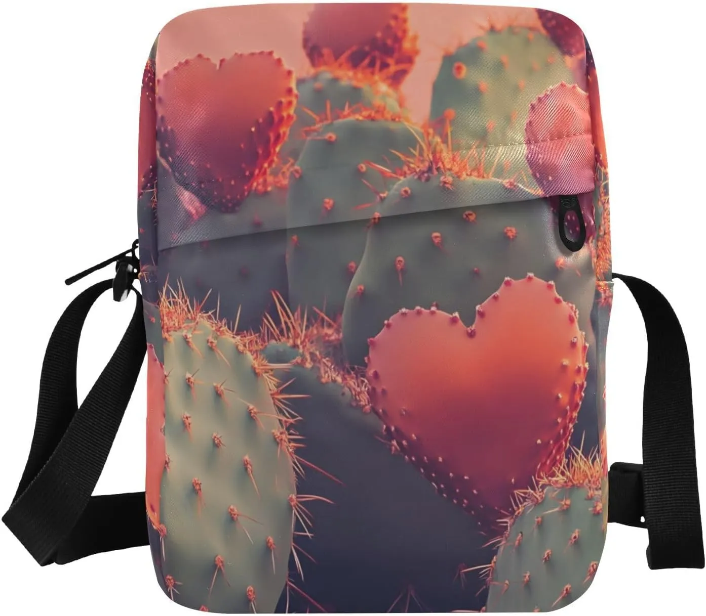 Sling Bag Heart Cactus Print for Women Men, Small Crossbody Bags Purse with Phone Card Passport Compartment 6.6×9.4×2.5 IN