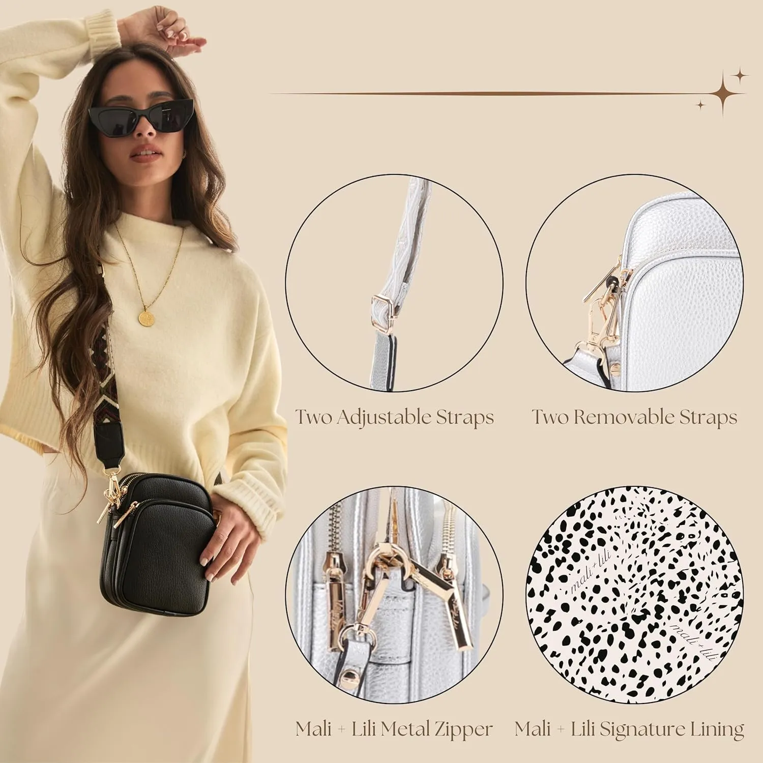 Small Crossbody Bag for Women, Triple Compartment Shoulder Bag with Double Strap