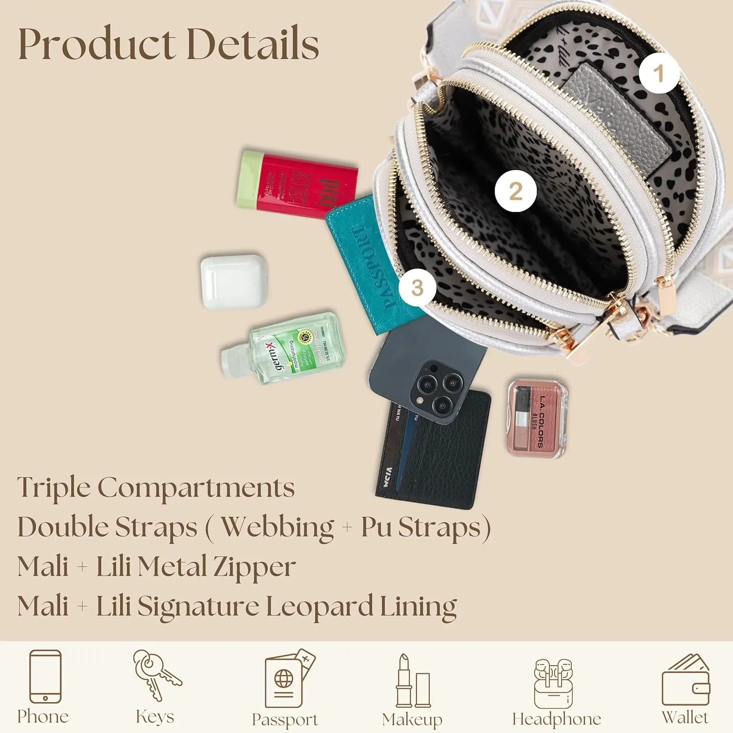 Small Crossbody Bag for Women, Triple Compartment Shoulder Bag with Double Strap