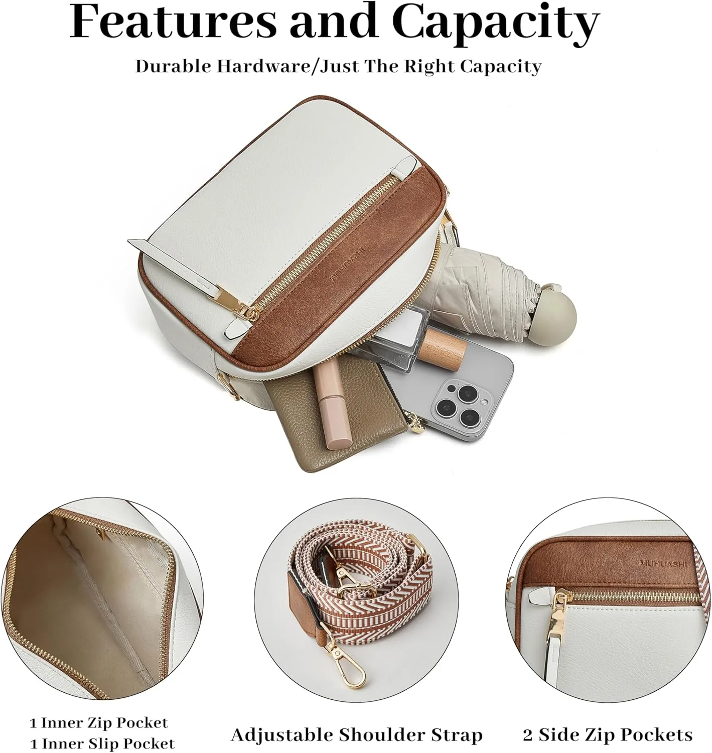 Small Crossbody Bag for Women Triple Pockets Vegan Leather Shoulder Camera Purse with Long Guitar Strap