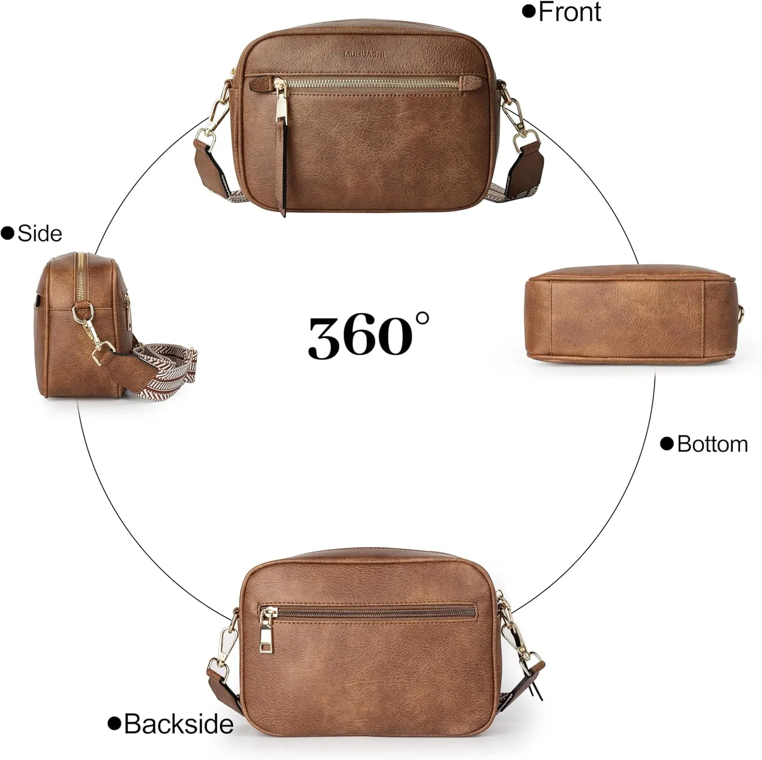 Small Crossbody Bag for Women Triple Pockets Vegan Leather Shoulder Camera Purse with Long Guitar Strap