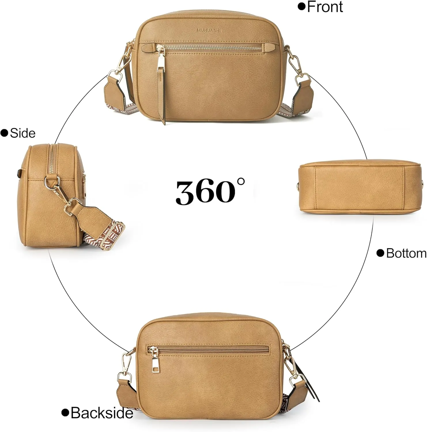 Small Crossbody Bag for Women Triple Pockets Vegan Leather Shoulder Camera Purse with Long Guitar Strap