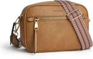 Small Crossbody Bag for Women Triple Pockets Vegan Leather Shoulder Camera Purse with Long Guitar Strap