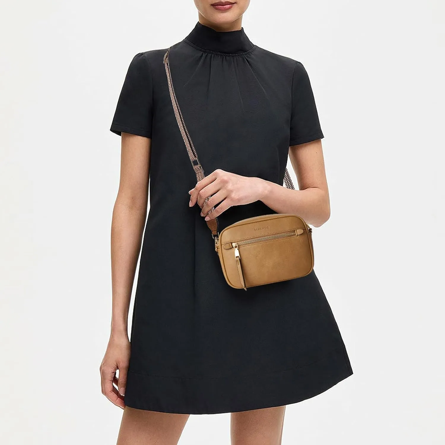 Small Crossbody Bag for Women Triple Pockets Vegan Leather Shoulder Camera Purse with Long Guitar Strap