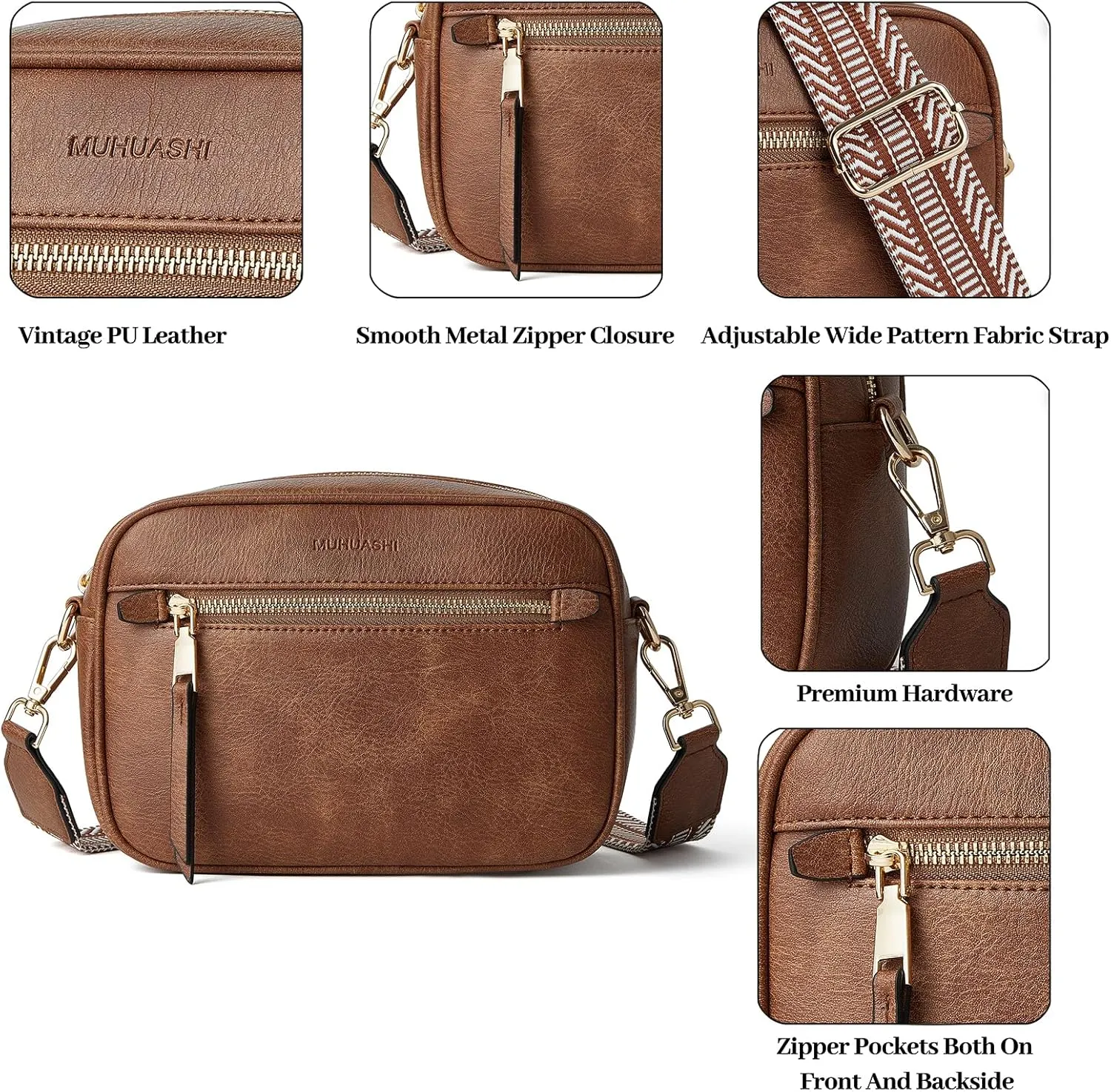Small Crossbody Bag for Women Triple Pockets Vegan Leather Shoulder Camera Purse with Long Guitar Strap