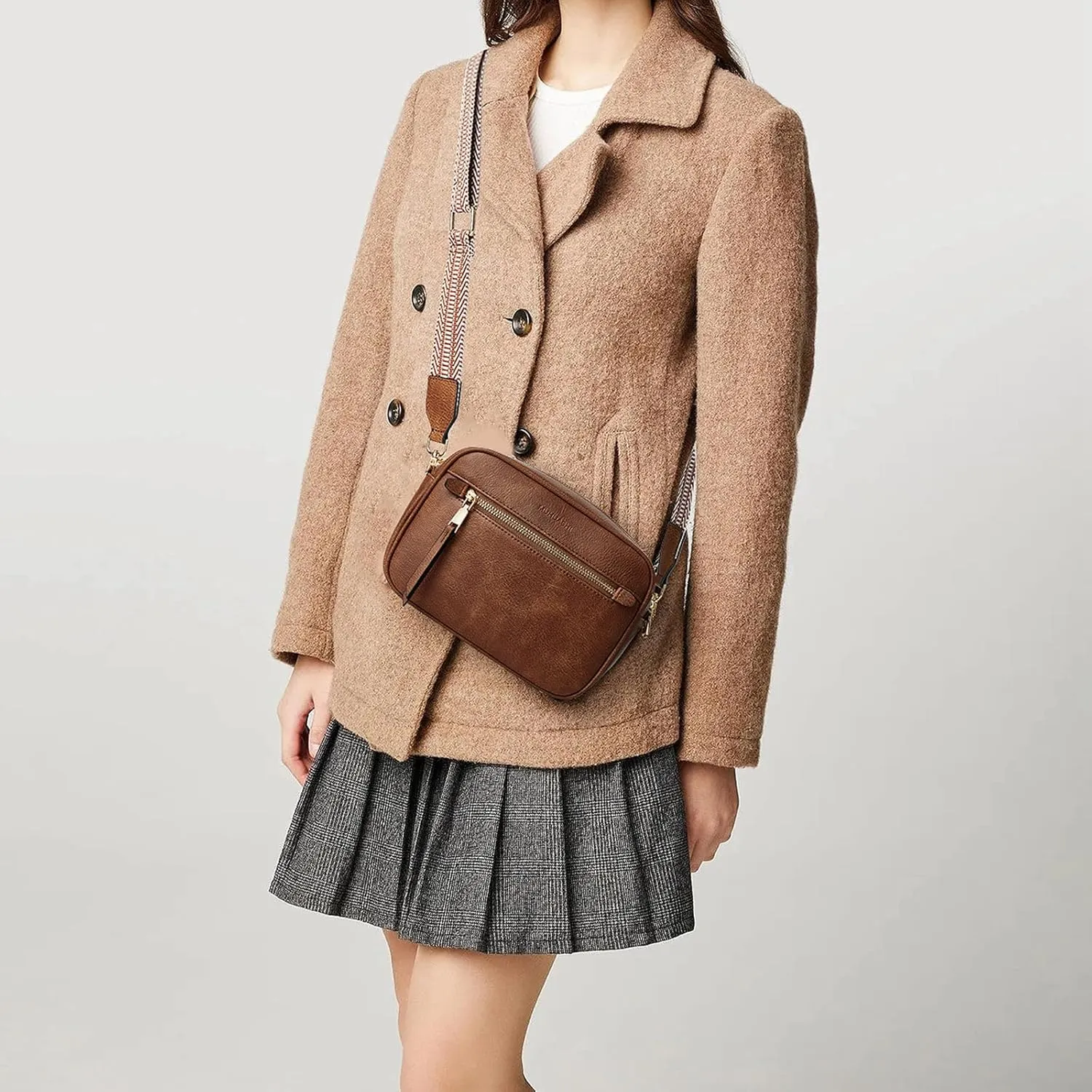 Small Crossbody Bag for Women Triple Pockets Vegan Leather Shoulder Camera Purse with Long Guitar Strap