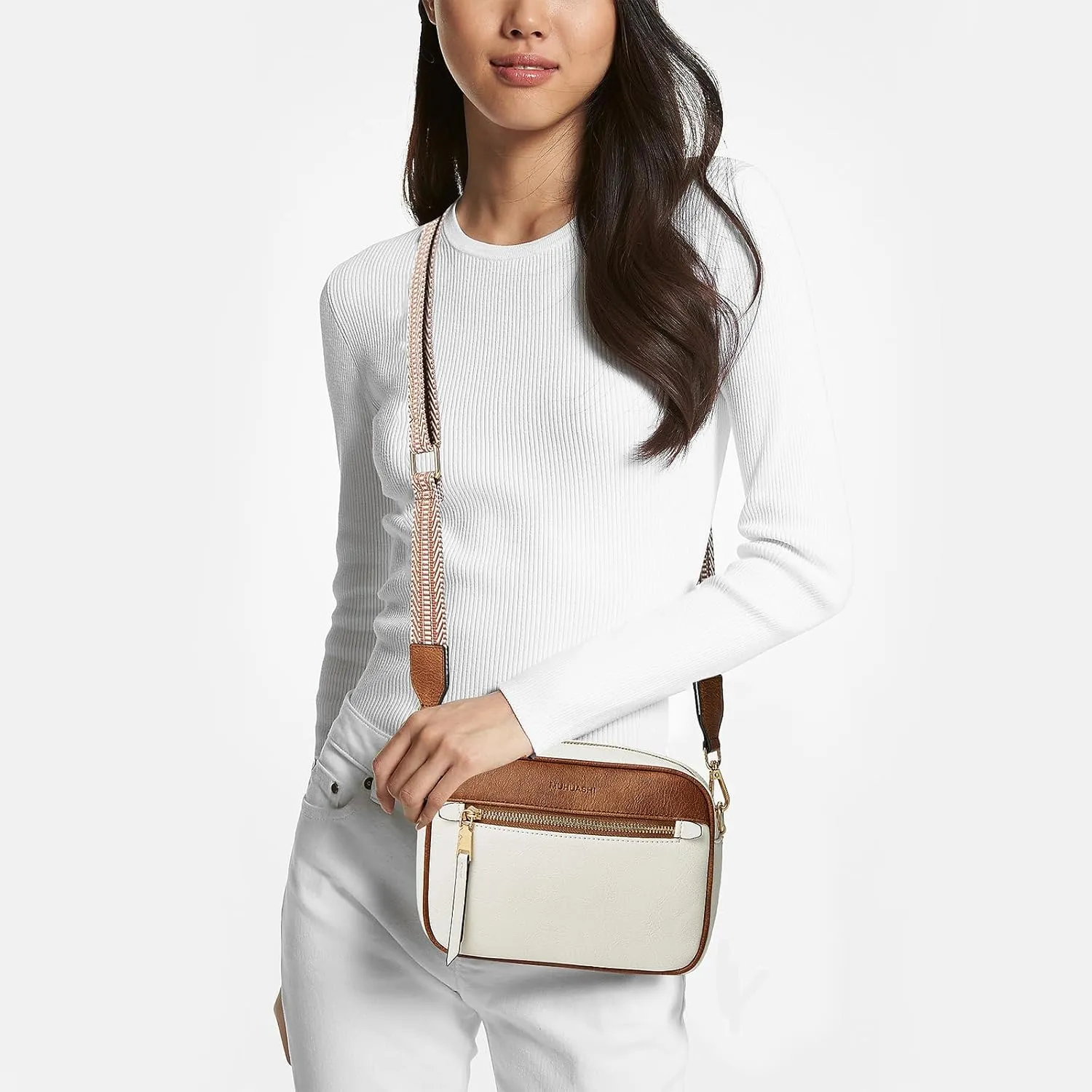 Small Crossbody Bag for Women Triple Pockets Vegan Leather Shoulder Camera Purse with Long Guitar Strap