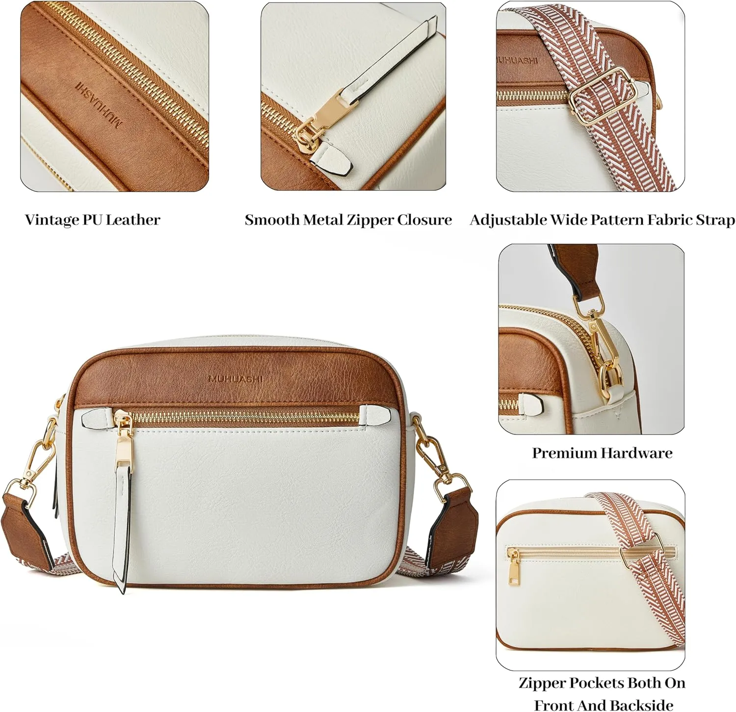 Small Crossbody Bag for Women Triple Pockets Vegan Leather Shoulder Camera Purse with Long Guitar Strap