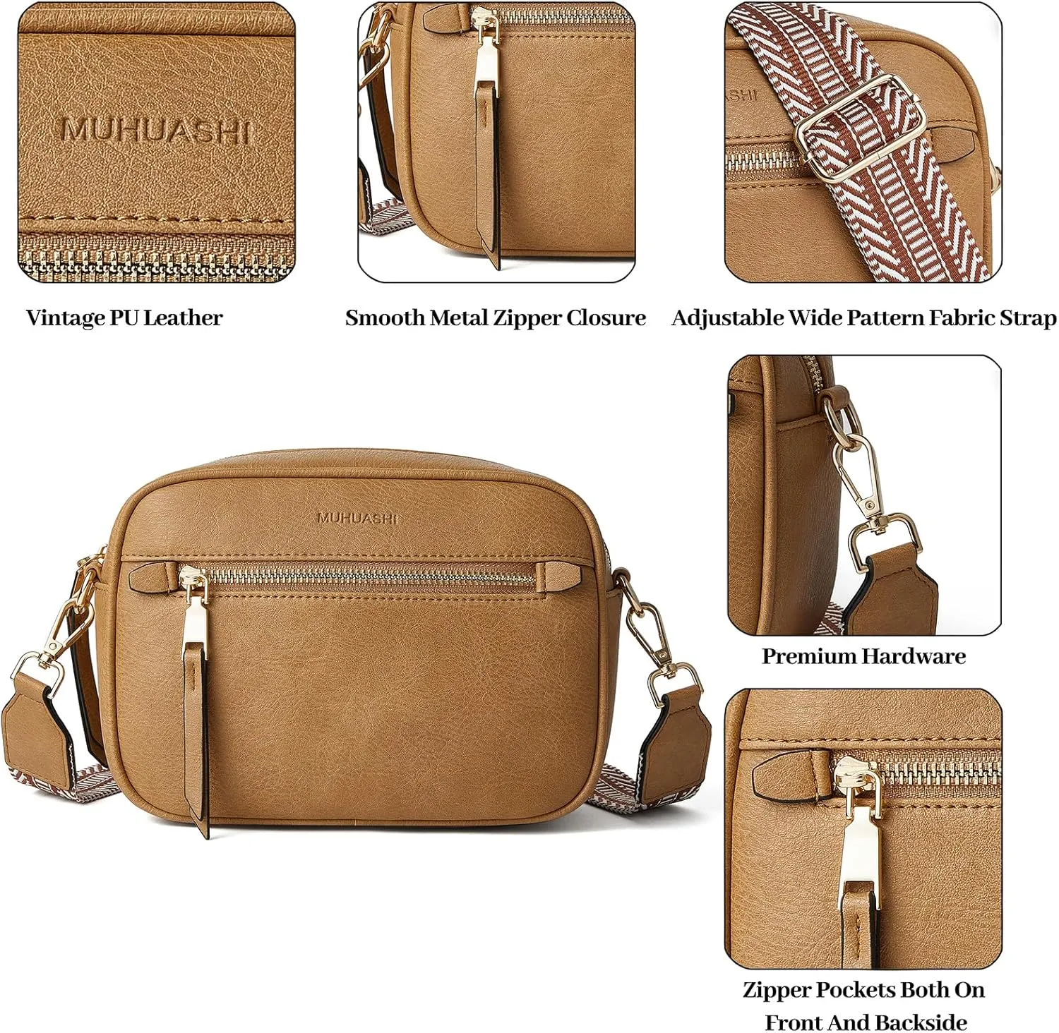 Small Crossbody Bag for Women Triple Pockets Vegan Leather Shoulder Camera Purse with Long Guitar Strap