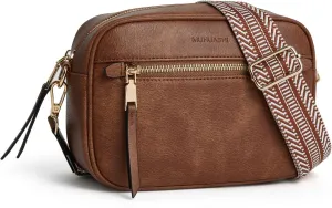 Small Crossbody Bag for Women Triple Pockets Vegan Leather Shoulder Camera Purse with Long Guitar Strap