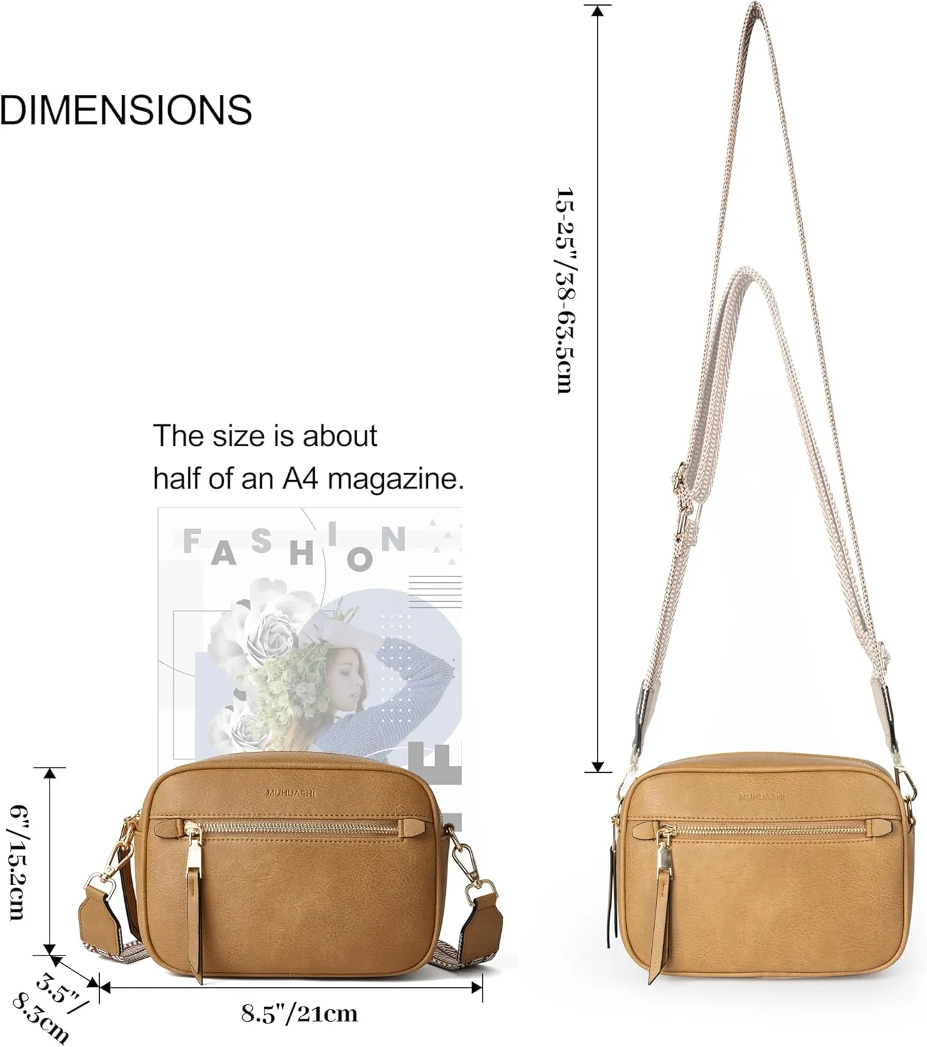 Small Crossbody Bag for Women Triple Pockets Vegan Leather Shoulder Camera Purse with Long Guitar Strap