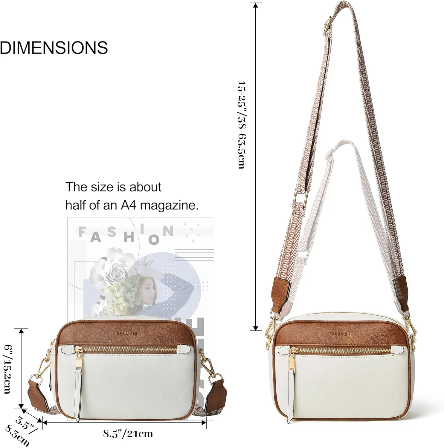 Small Crossbody Bag for Women Triple Pockets Vegan Leather Shoulder Camera Purse with Long Guitar Strap