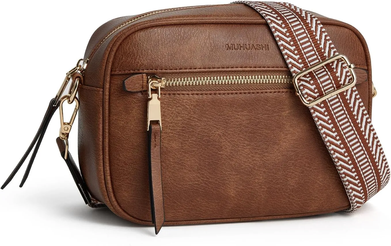 Small Crossbody Bag for Women Triple Pockets Vegan Leather Shoulder Camera Purse with Long Guitar Strap