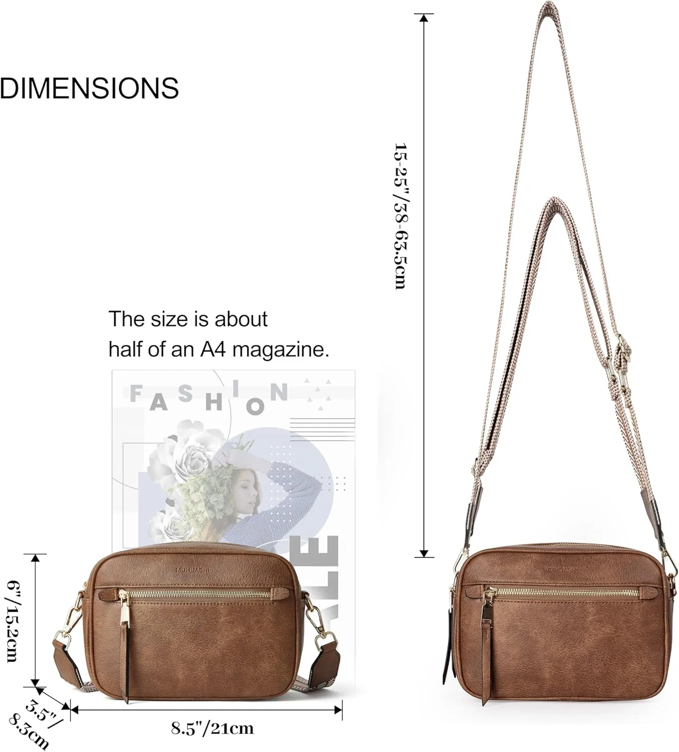 Small Crossbody Bag for Women Triple Pockets Vegan Leather Shoulder Camera Purse with Long Guitar Strap