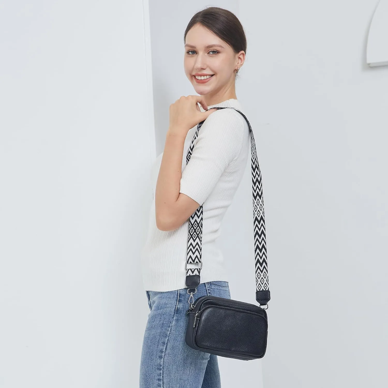 Small Crossbody Bag with Wide Guitar Strap Camera Purse Shoulder Handbag Satchel