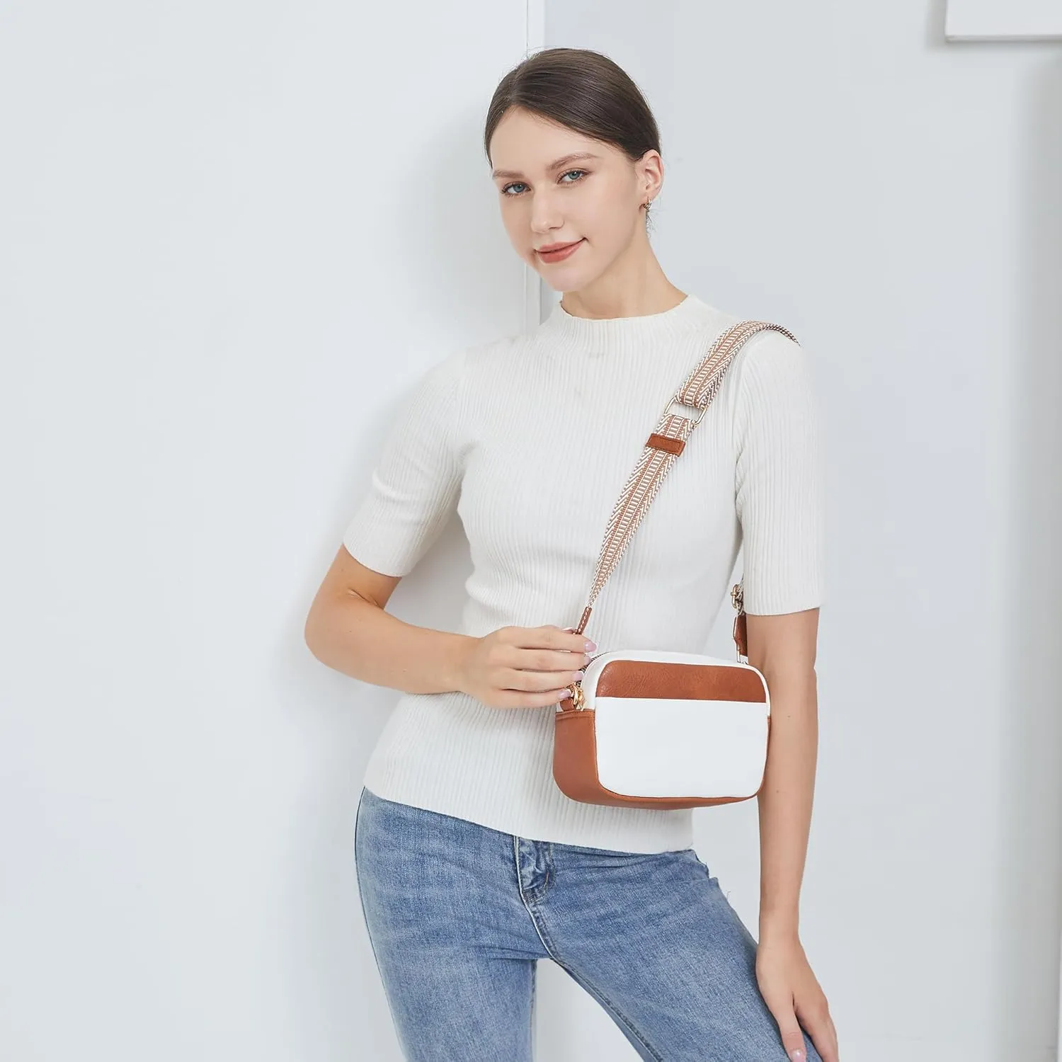Small Crossbody Bag with Wide Guitar Strap Camera Purse Shoulder Handbag Satchel