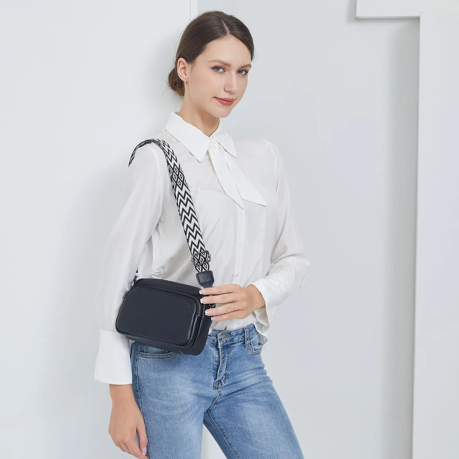 Small Crossbody Bag with Wide Guitar Strap Camera Purse Shoulder Handbag Satchel