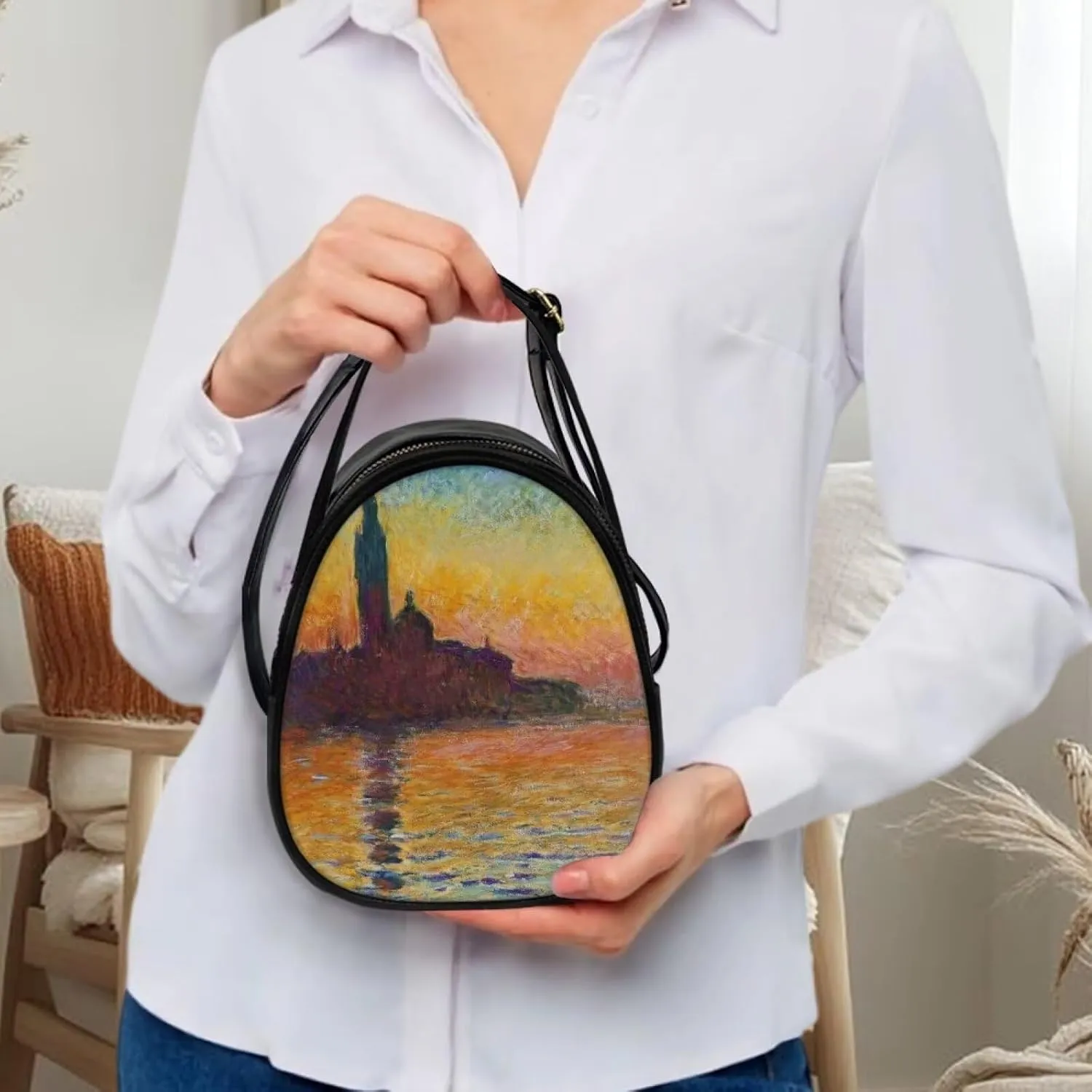 Small Crossbody Purse Bag for Women Travel, Van Gogh Monet Sling Handbag PU Leather Phone Holder for Art Lover
