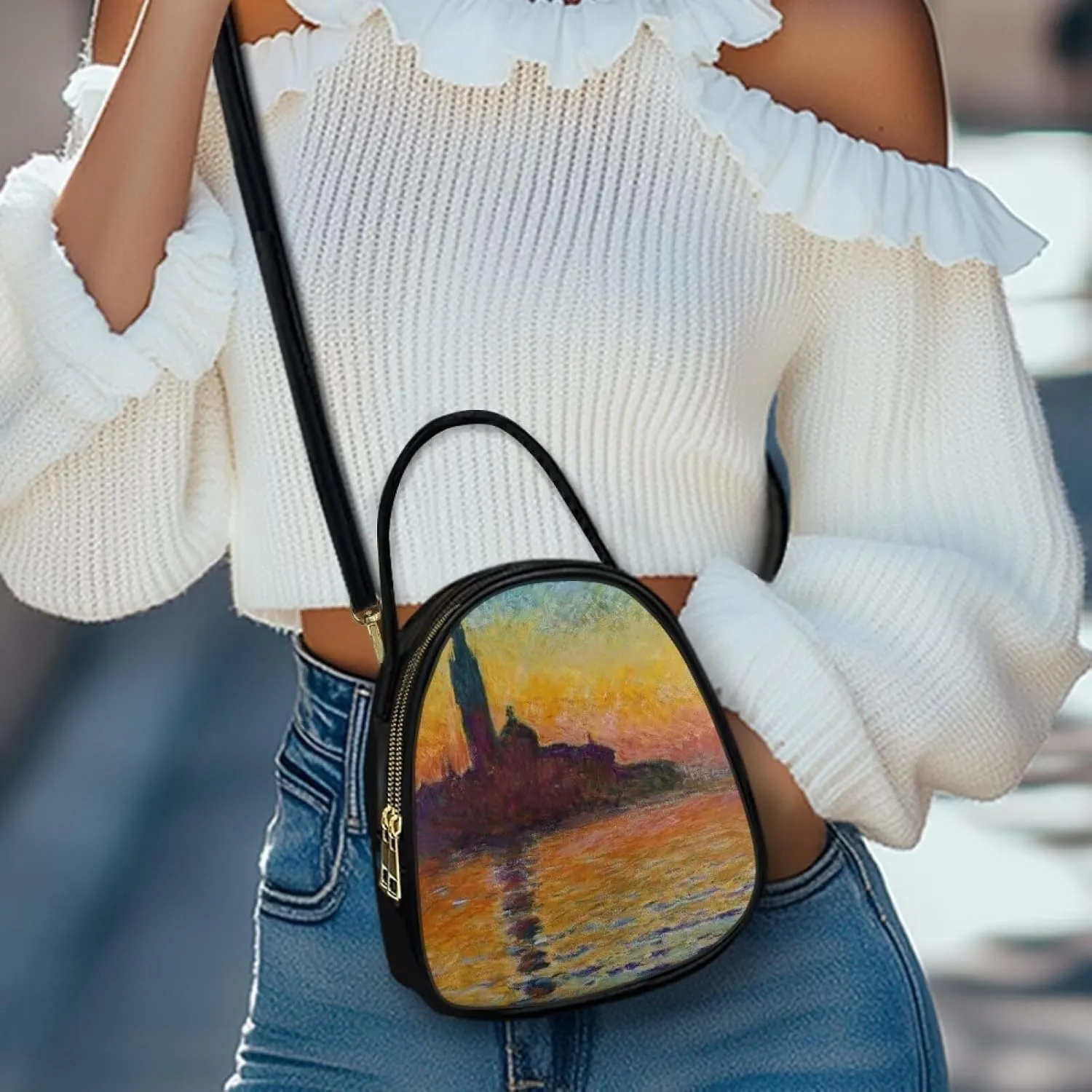 Small Crossbody Purse Bag for Women Travel, Van Gogh Monet Sling Handbag PU Leather Phone Holder for Art Lover