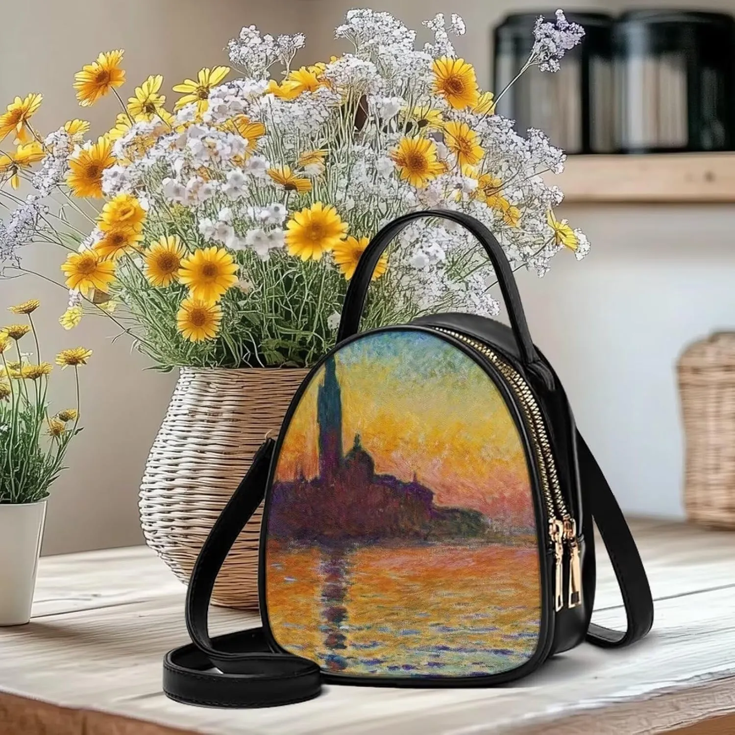 Small Crossbody Purse Bag for Women Travel, Van Gogh Monet Sling Handbag PU Leather Phone Holder for Art Lover