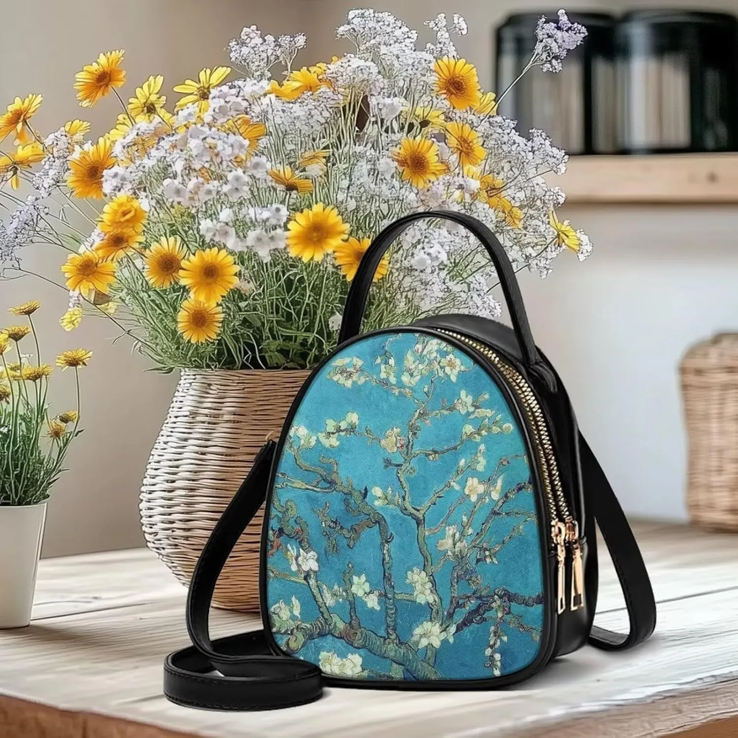 Small Crossbody Purse Bag for Women Travel, Van Gogh Monet Sling Handbag PU Leather Phone Holder for Art Lover