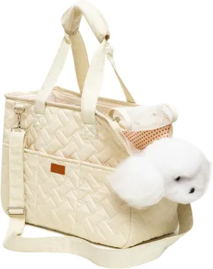 Small Dog Carrier 16x7x12in with Pockets Portable Breathable Cat Bag Carrier Pet Bag Carrier Safety Cord for Cat and Small Dog, Puppies (Creamy White), Airline Approved Dog Carrier