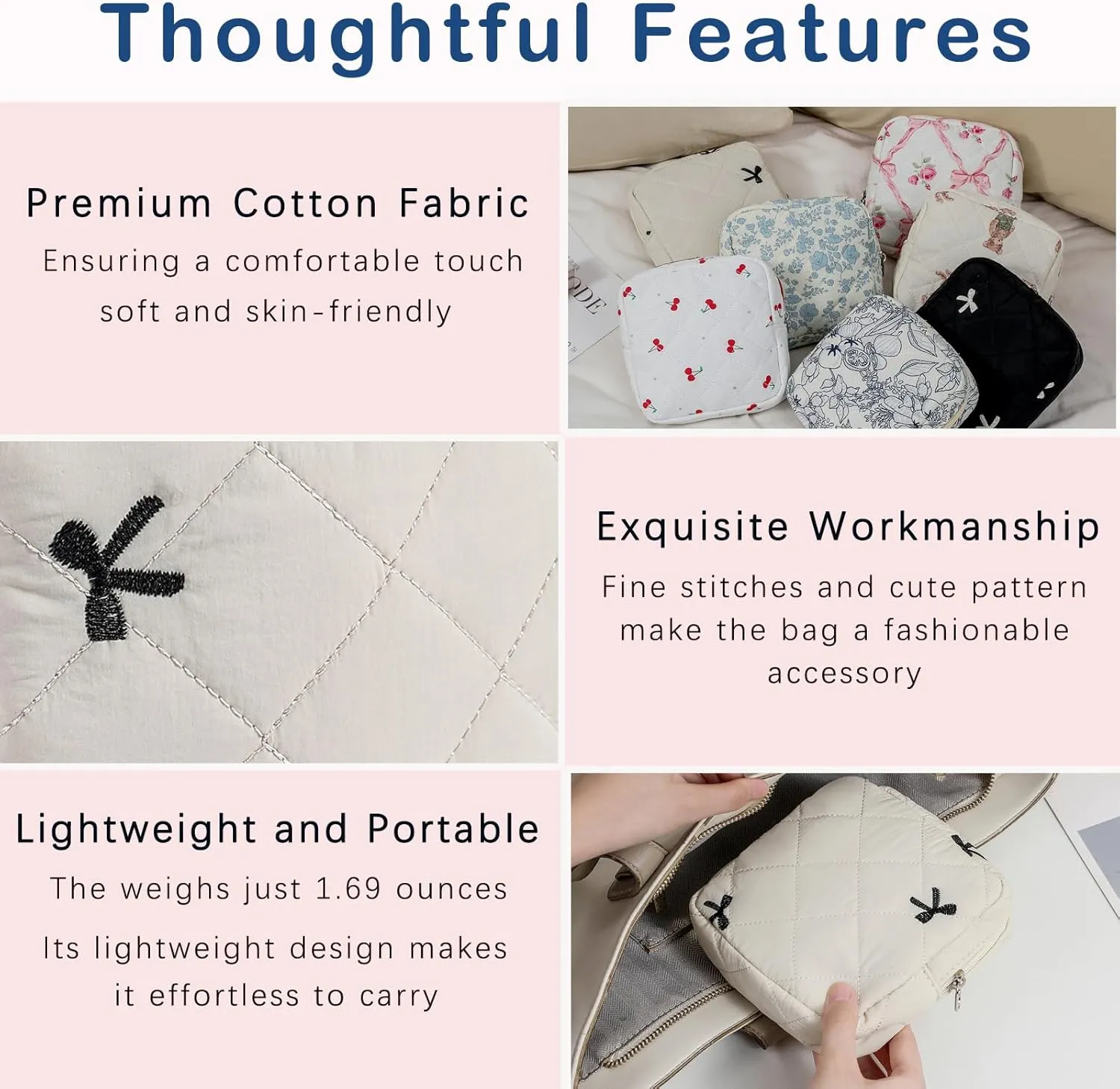 Small Quilted Cotton Makeup Bag for Purse, Cosmetic Bag with Compartments, Cotton Aesthetic Makeup Bag, Travel Toiletry Pouch, Key Pocket Lipstick Bag Card Holder Data Cable Organizer（06Beige Bow）