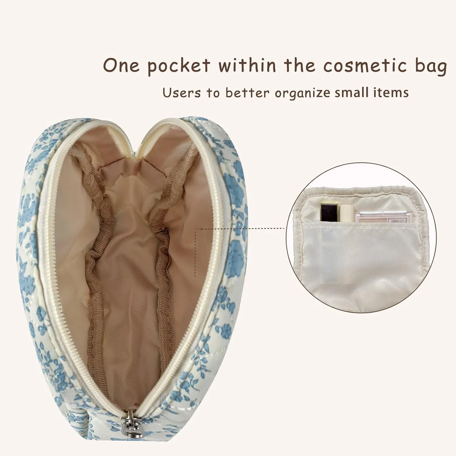Small Quilted Cotton Makeup Bag for Purse, Cosmetic Bag with Compartments, Cotton Aesthetic Makeup Bag, Travel Toiletry Pouch, Key Pocket Lipstick Bag Card Holder Data Cable Organizer（06Beige Bow）