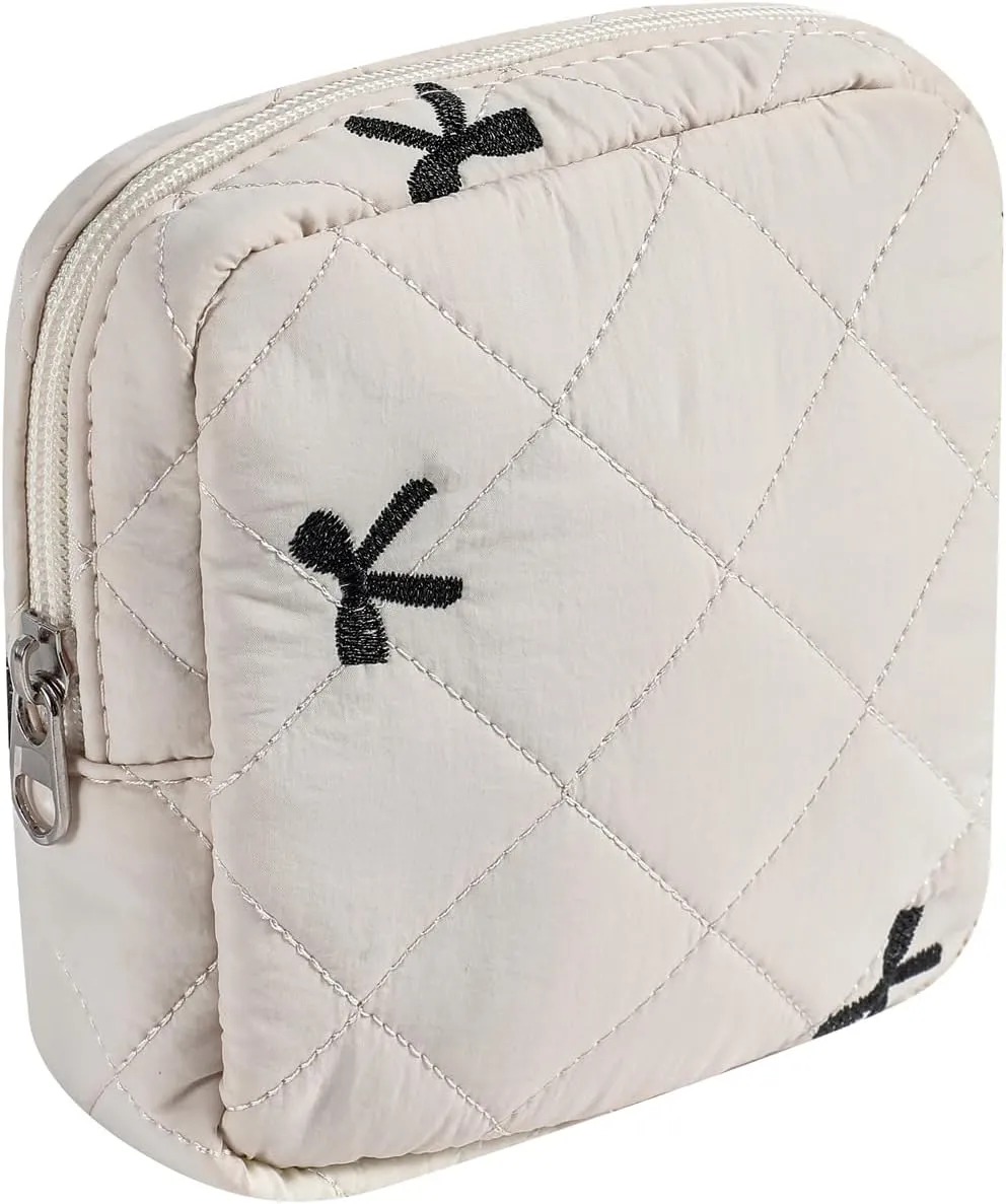 Small Quilted Cotton Makeup Bag for Purse, Cosmetic Bag with Compartments, Cotton Aesthetic Makeup Bag, Travel Toiletry Pouch, Key Pocket Lipstick Bag Card Holder Data Cable Organizer（06Beige Bow）