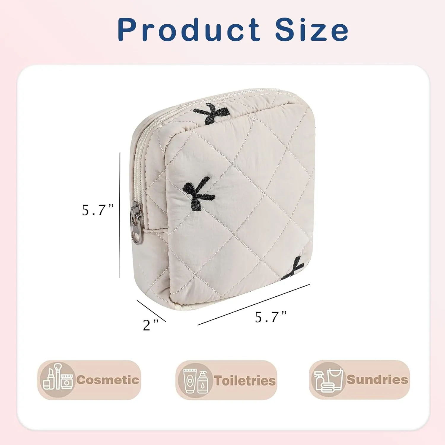Small Quilted Cotton Makeup Bag for Purse, Cosmetic Bag with Compartments, Cotton Aesthetic Makeup Bag, Travel Toiletry Pouch, Key Pocket Lipstick Bag Card Holder Data Cable Organizer（06Beige Bow）