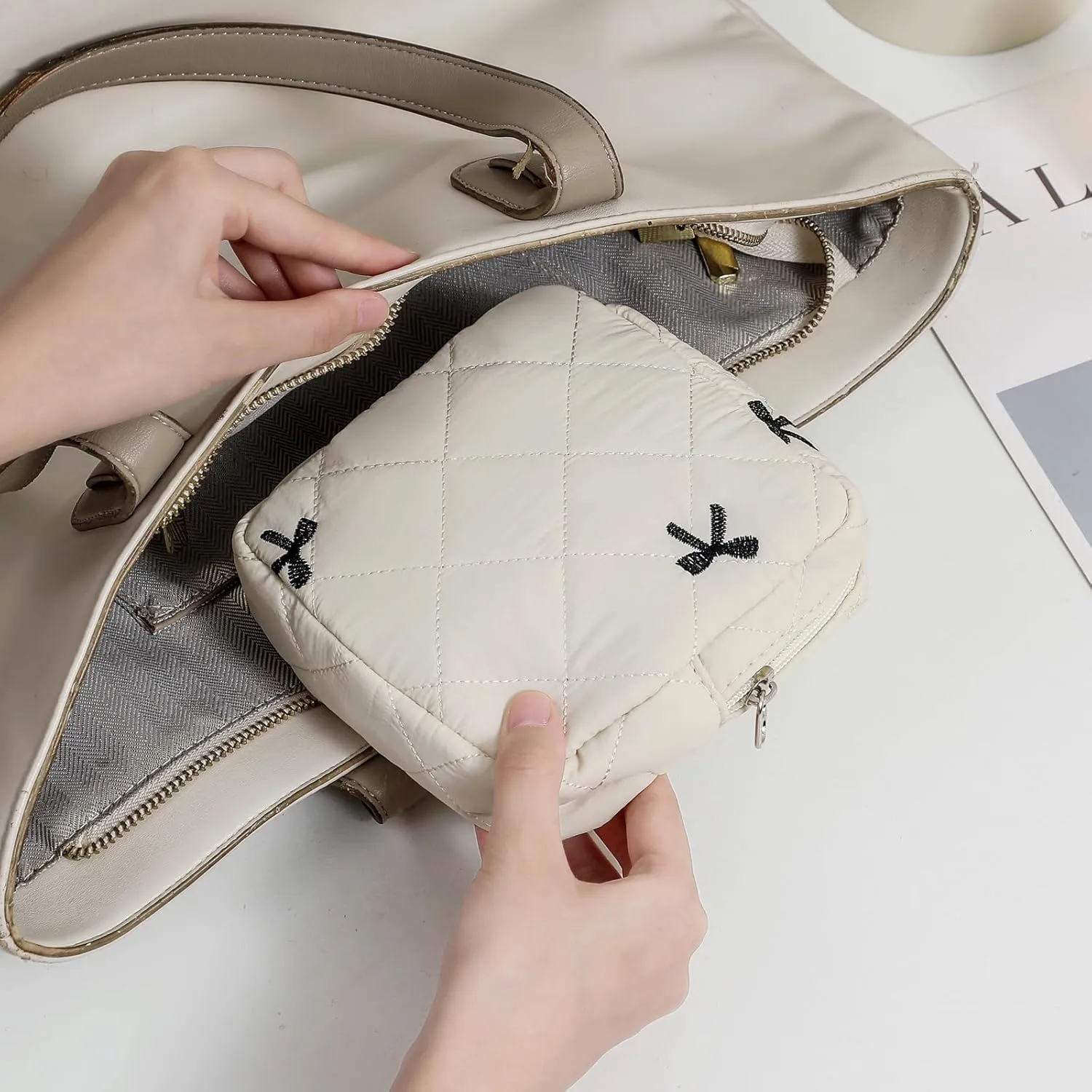 Small Quilted Cotton Makeup Bag for Purse, Cosmetic Bag with Compartments, Cotton Aesthetic Makeup Bag, Travel Toiletry Pouch, Key Pocket Lipstick Bag Card Holder Data Cable Organizer（06Beige Bow）