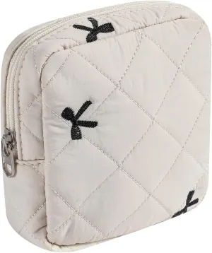 Small Quilted Cotton Makeup Bag for Purse, Cosmetic Bag with Compartments, Cotton Aesthetic Makeup Bag, Travel Toiletry Pouch, Key Pocket Lipstick Bag Card Holder Data Cable Organizer（06Beige Bow）