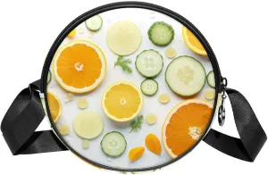 Small Round Crossbody Bags Shoulder Handbags, Orange Cucumber and Leaf