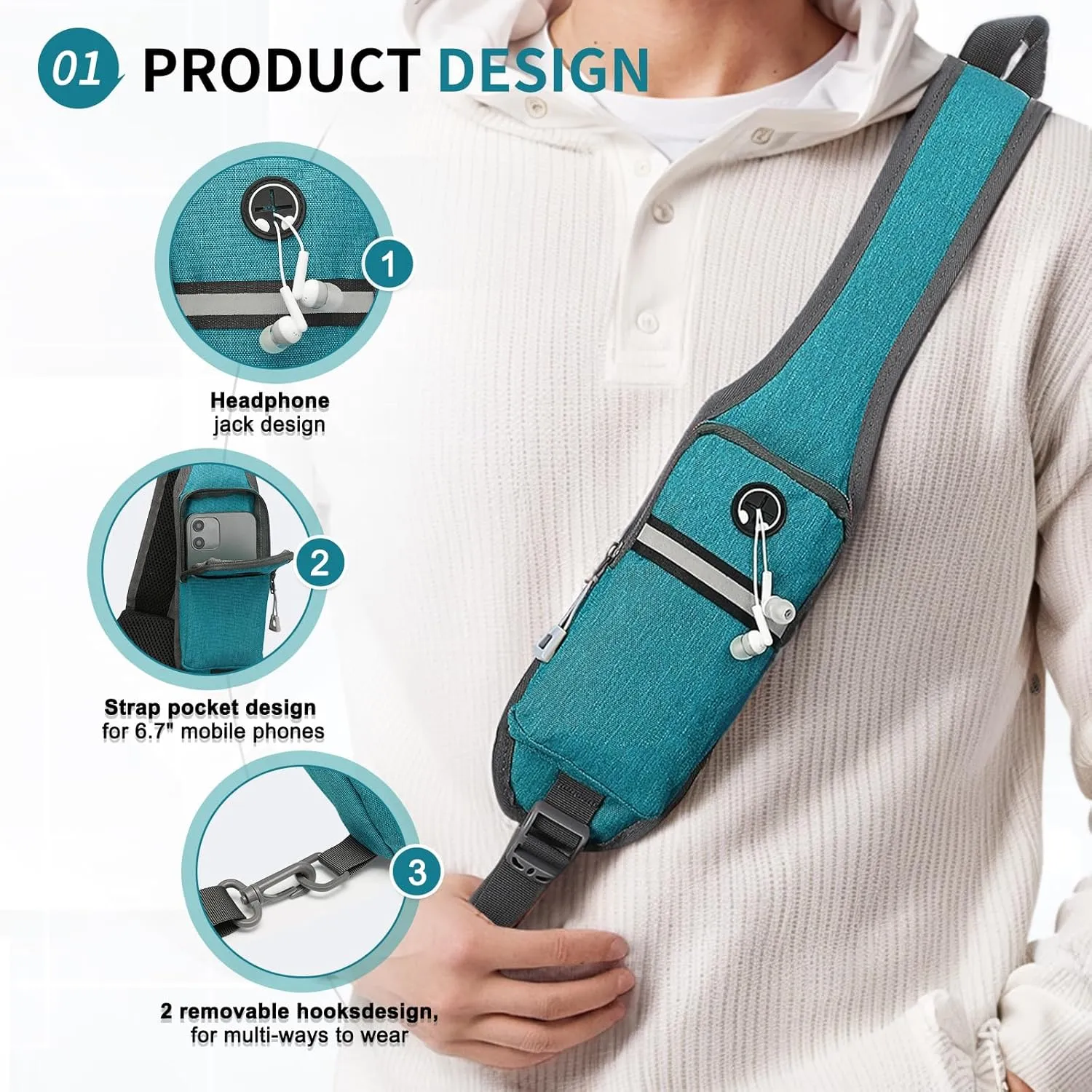 Small Sling Bag Crossbody Hiking Bag 9.36L Shoulder Bag with Headphone Jack, Man Women Crossbody Casual Backpack for Travel, Camping (Green)