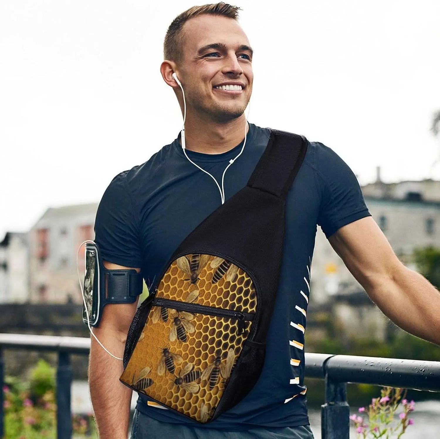Small Sling Chest Bag Crossbody Bag for Men Women,Bees on Hive Lightweight Gym Daypack for Travel Cycling Hiking